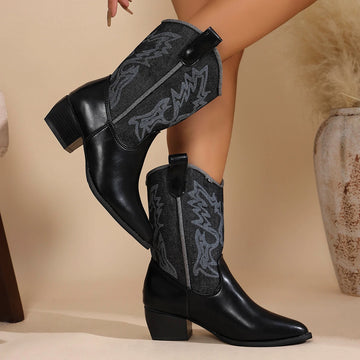Xajzpa New Style Fashion Women's Western Cowboy Boots Slip On Thick Heel Knight Long Booties Retro Style Autumn Winter Female Shoes
